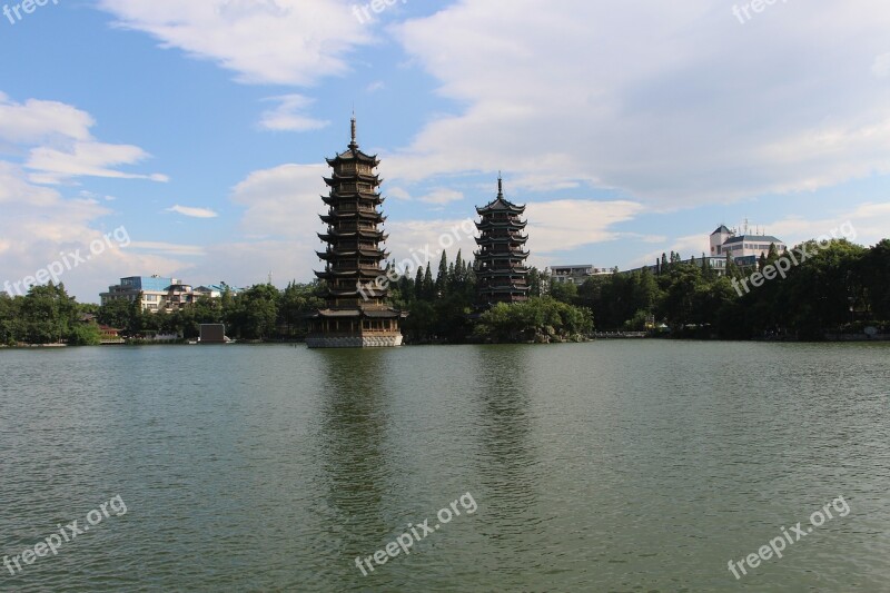 Guilin Sun And Moon Twin Towers Shwedagon Pagoda Silver Pagoda Cedar Lake Free Photos