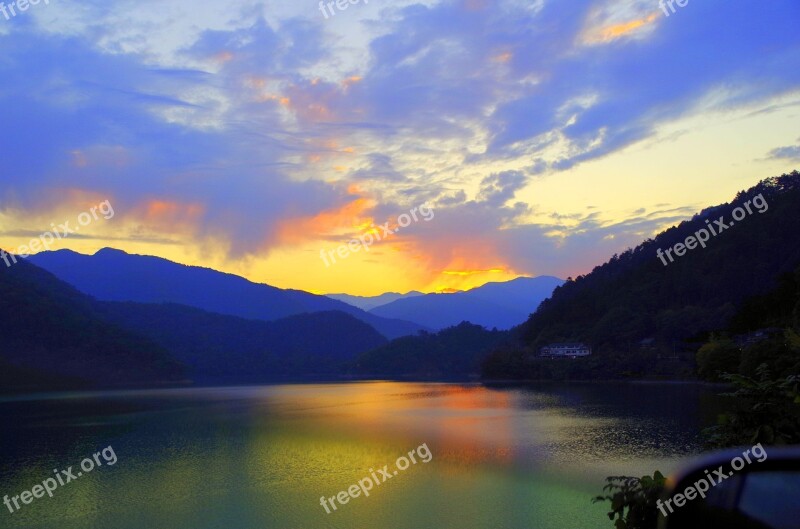 Sunset Japan Lake Sky Nightfall