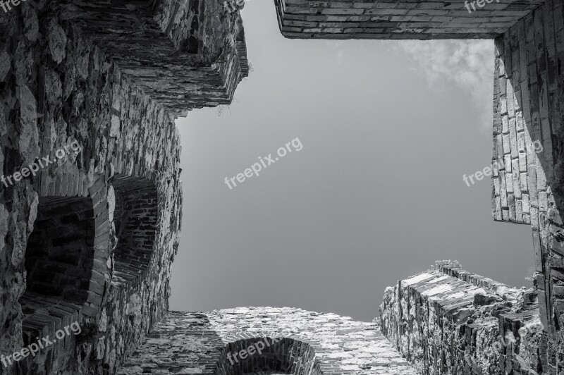 Ruin Stone Wall Bastion Black And White Sky