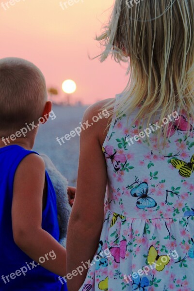 Siblings Sunset Child Happy Nature