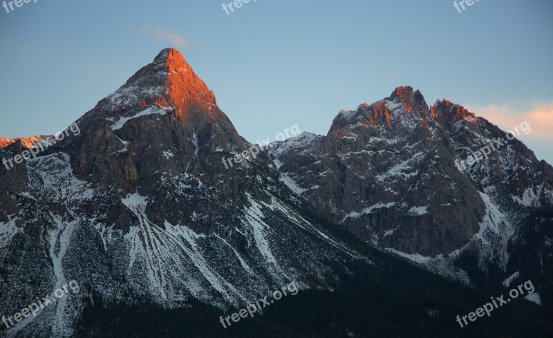 Alpine Alpenglühen Mountains Summit Winter