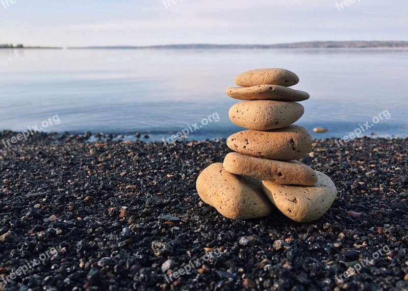 Rocks Stacked Balance Shore Beach