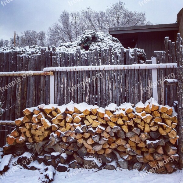 Wood Snow Wood Pile Fence Winter