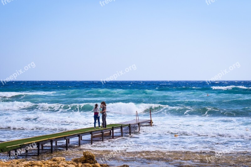 Waves Pier Coast Couple Rough Sea