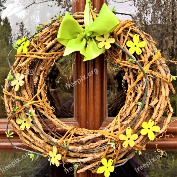 Door Wreath Türdekoration Willow Wreath Yellow-green Wood Flowers Green Loop