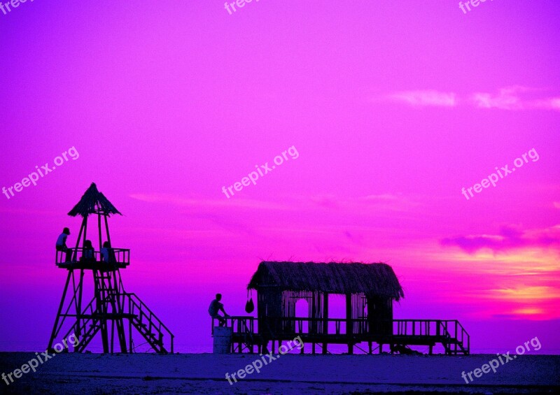 Beach Sunset Lifeguard Tower Purple Pink