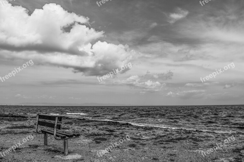 Bench Beach Sea Sky Clouds