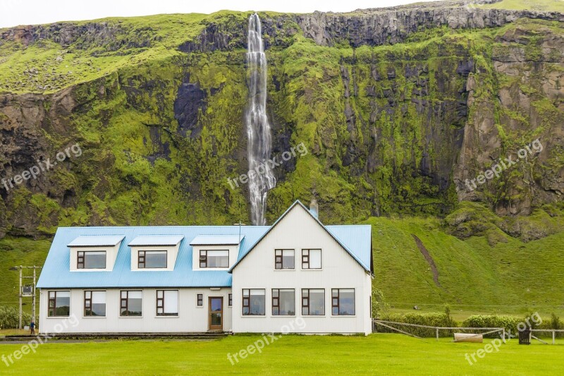 Iceland Waterfall Moss Landscape Colorful House