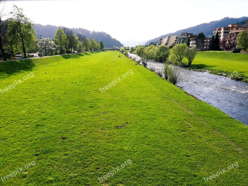 Meadow Water Houses Trees Valley