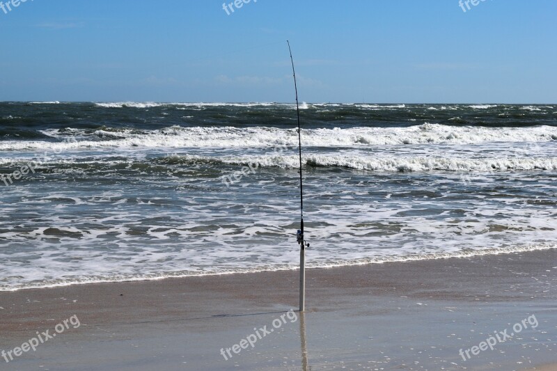 Fishing Pole Beach Ocean Waves Surf Fishing