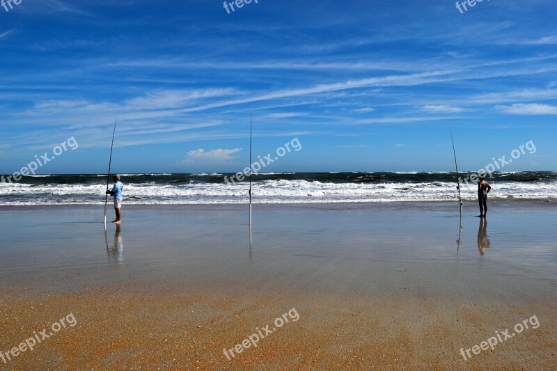 Surf Fishermen Beach Ocean Waves Fishing