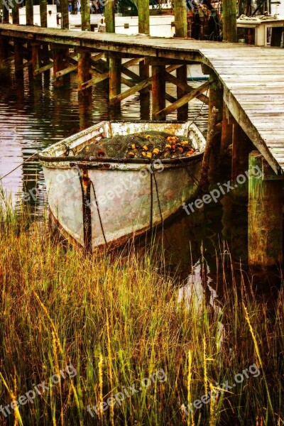 Color Skiff Water Antique Image Pier