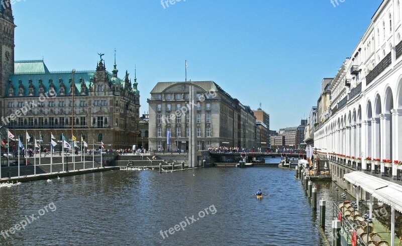 Hamburg Canal Alster Terraces Alsterarkaden City Hall Lock