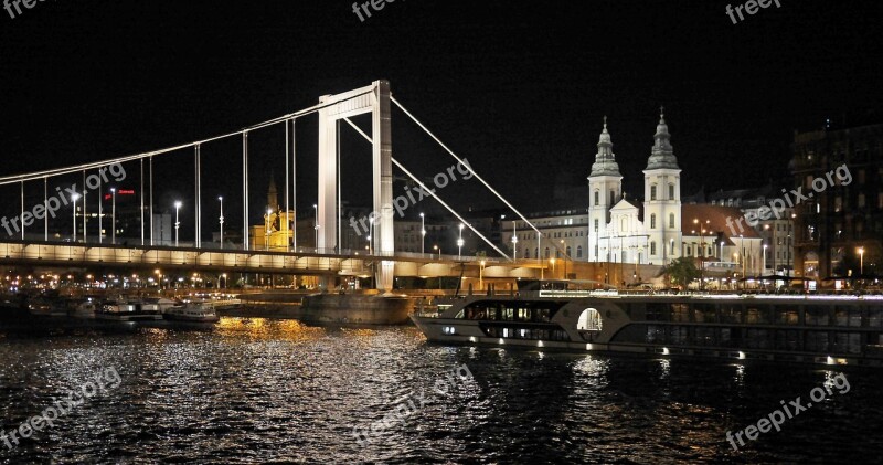 Budapest At Night Elisabeth Bridge Suspension Bridge Danube Bank Of The Danube