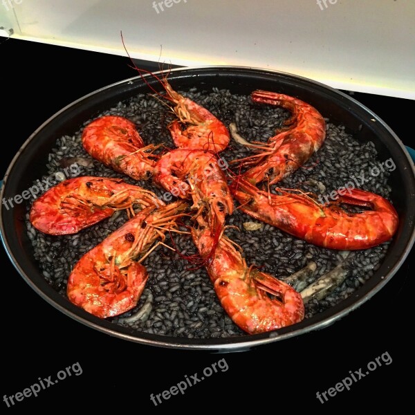 Paella Black Rice Food Spanish Food Prawn