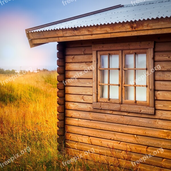 Hut Meadow Grass Window Log Cabin