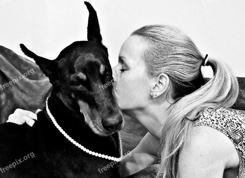 Black White Kisses Doberman Blonde Woman Hug