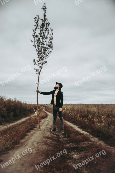 Tree Roma Man Godot Grey Sky