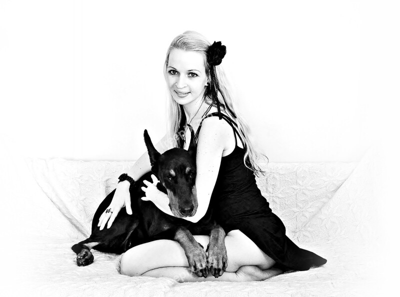 Love Black White Blonde Girl Woman With A Dog Doberman