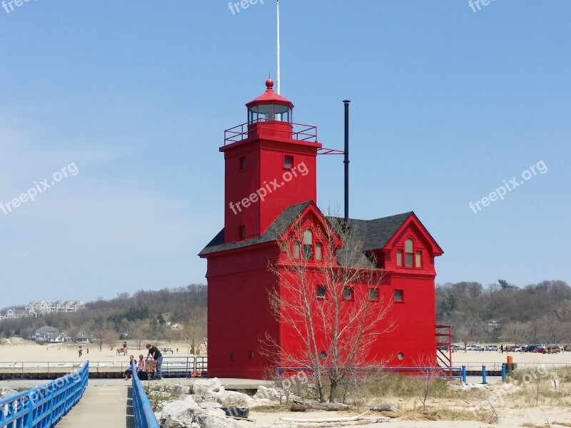 Lighthouse Big Red Michigan Beach Water