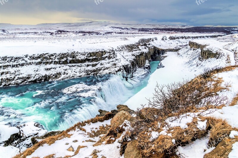 Iceland Gulfoss Waterfall Water Flow