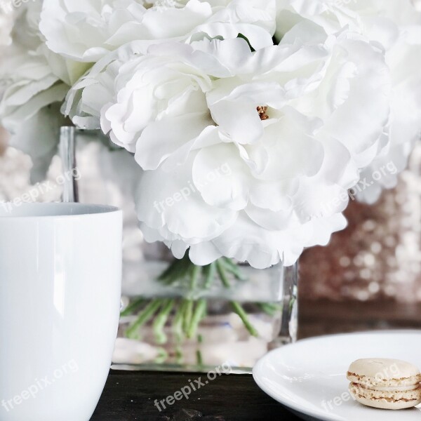 Coffe Mug White Flowers Macaron Free Photos