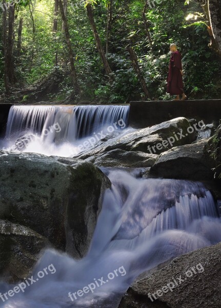 Theravada Buddhism Walking Meditation Monk Nature Waterfall