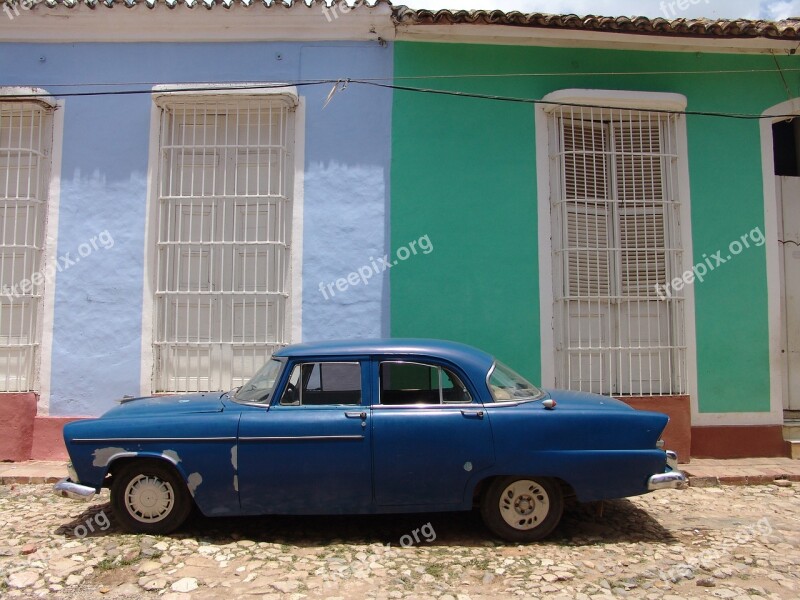 Car Cuba Blue Classic Car Old House