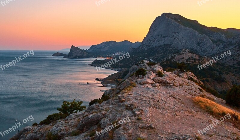 Crimea Sunset Sea Mountains Evening