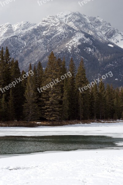 Banff Lake Ice Conifers Mountains