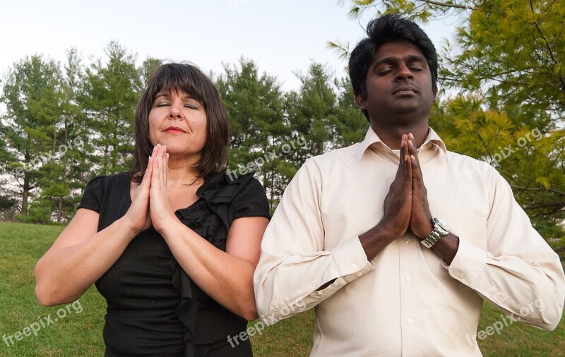 Interracial Couple Praying Park Portrait