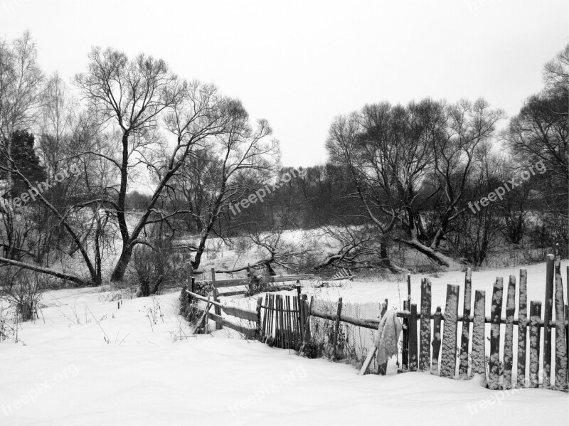 Fence Yard Village Snow Winter