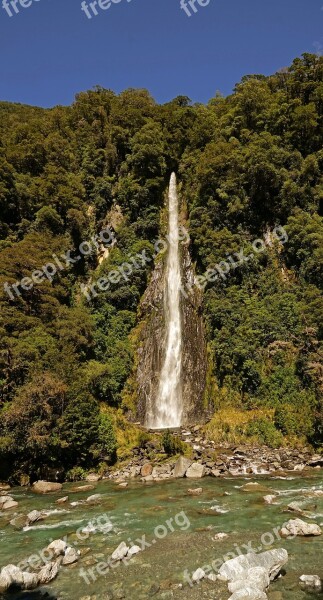 Thunder Creek If New Zealand Waterfall Nature Landscape