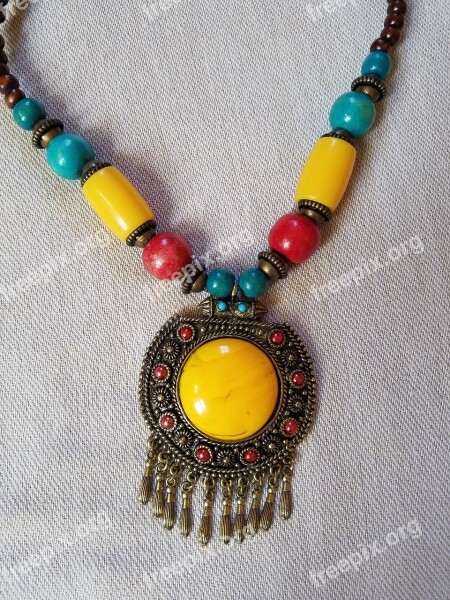 Necklace Blue Yellow Red And Brown Jewel Accessories Woman