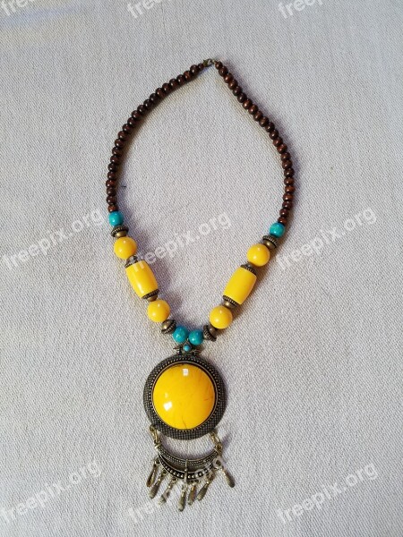 Necklace Beads And Pendant Yellow Blue And Brown Necklace Free Photos