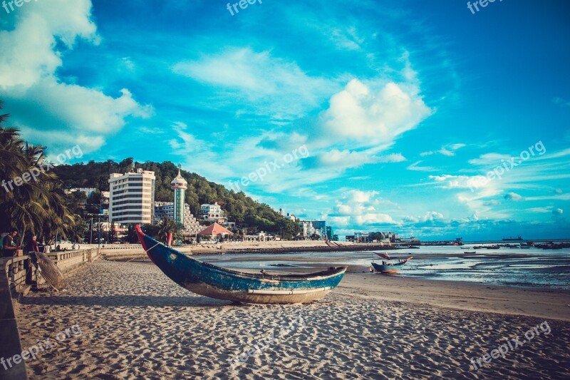 Asia Vietnam Sea Fishing Boat Blue Sky