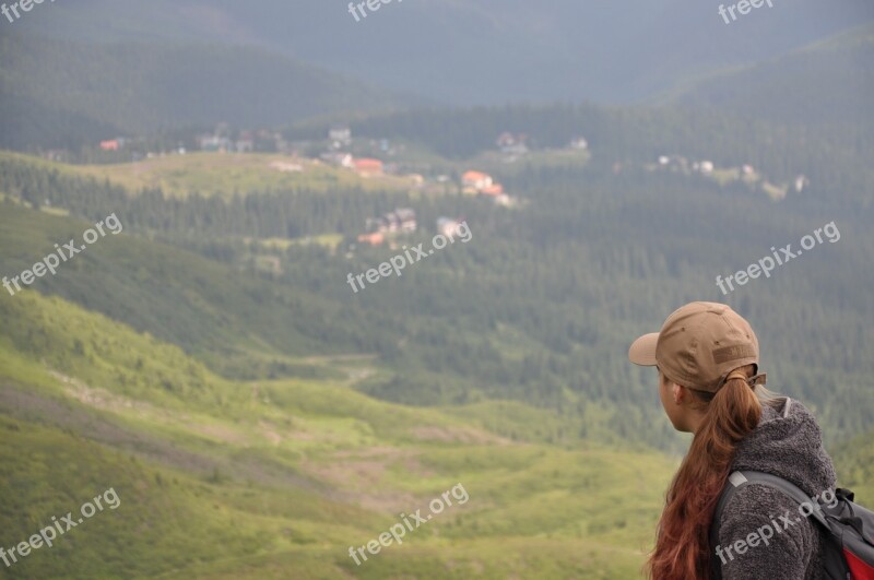 Mountains Girl To Look Into The Distance Mountain Forest Landscape