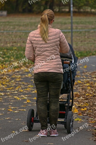 Woman Baby Carriage Park Autumn Walk