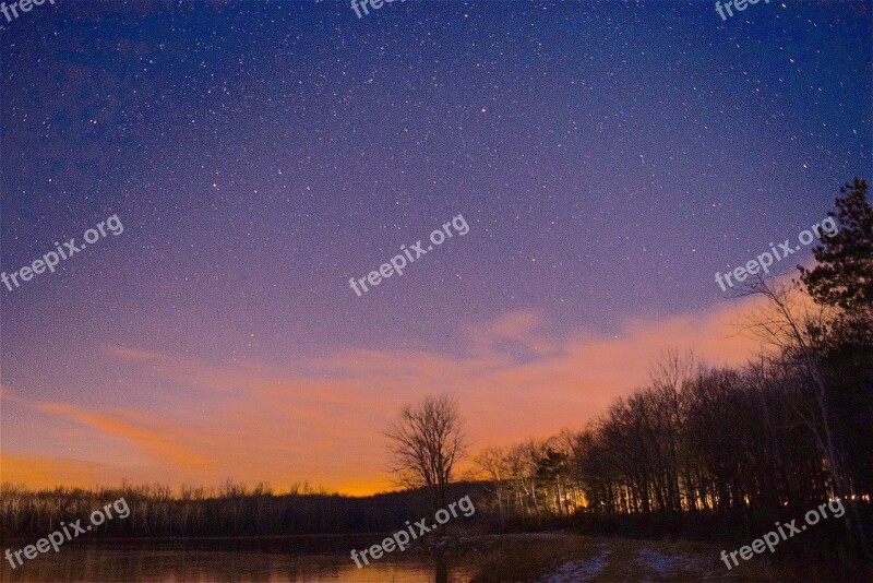 Lake Trees Night Time Orange Sky