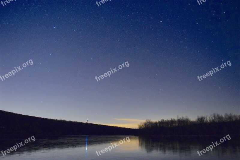 Lake Trees Night Time Reflection Blue