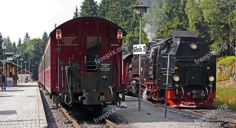 Brocken Railway Railway Station Schierke Train Meeting Harz Narrow Gauge Railways