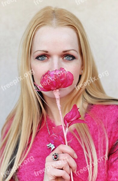 Blonde Woman Facial Portrait Blue Eyes Pink