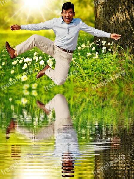 Man Happy Air Jump Mirroring Water Happy