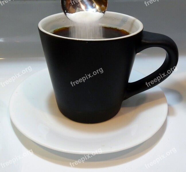 Black Coffee Cup Coffee Sugar And Spoon Saucer Hot Coffee