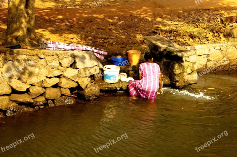 India Woman Laundry Kerala Backwaters