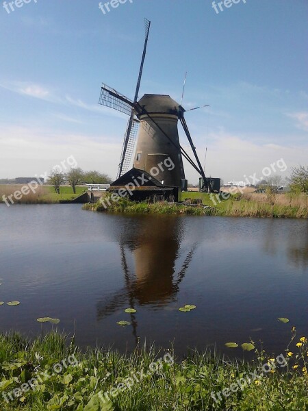 Mill Netherlands Kinderdijk River Reflection