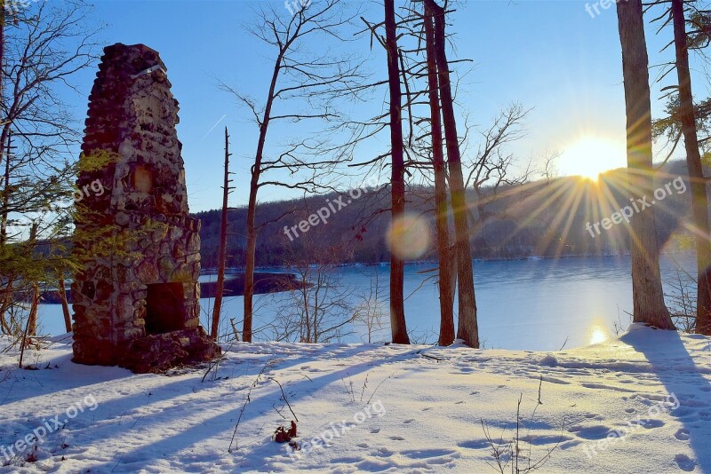 Stone Structure Snow Winter Sunlight Abandoned