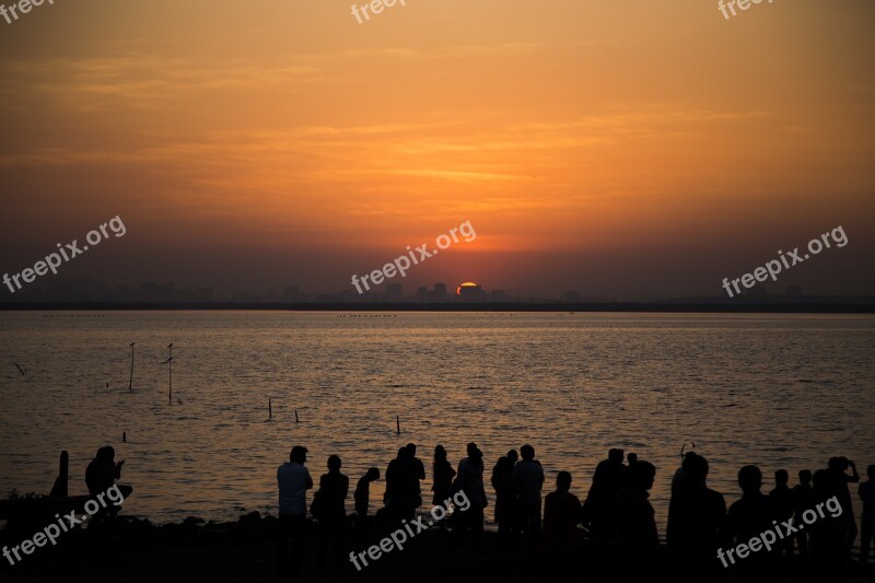 Sunset People Silhouettes Water Front Sun