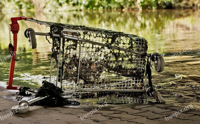 Shopping Cart River Nature Destruction Upset