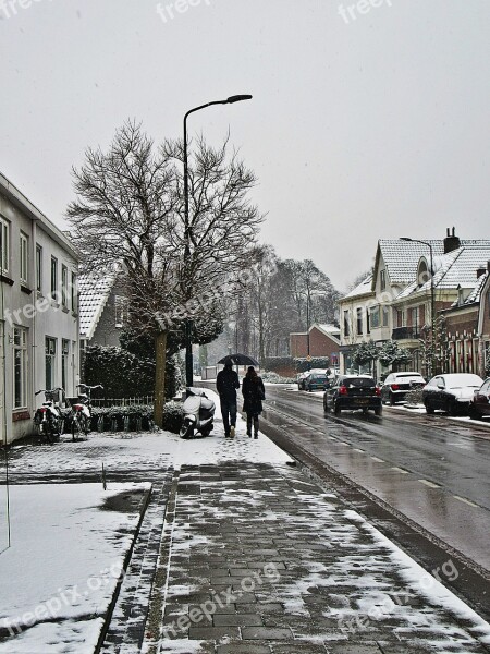 Person Bunch Umbrella Winter Snow